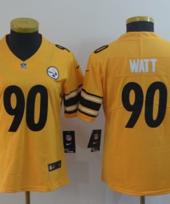 Women's Pittsburgh Steelers #90 T. J. Watt Gold Inverted Legend Stitched NFL Jersey(Run Small)