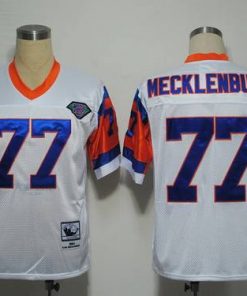 Mitchel and Ness Broncos #77 Karl Mecklenburg White With 75 Anniversary Patch Stitched Throwback NFL Jersey