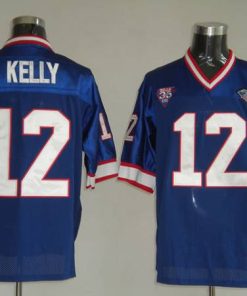 Mitchell & Ness Bills #12 Jim Kelly Blue 35th Anniversary Patch Stitched Throwback NFL Jersey