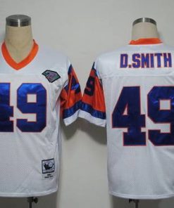Mitchel and Ness Broncos #49 Dennis Smith White With 75 Anniversary Patch Stitched Throwback NFL Jersey