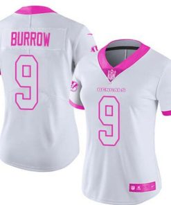 Women's Cincinnati Bengals #9 Joe Burrow White And Pink Vapor Stitched Jersey(Run Small)