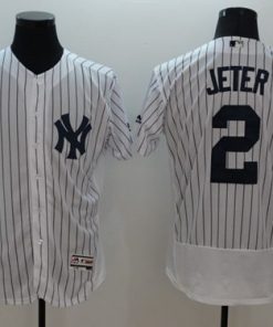Yankees #2 Derek Jeter White Strip Flexbase Authentic Collection Name On Back Stitched MLB Jersey
