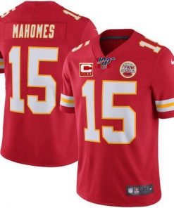 Youth Chiefs 100th #15 Patrick Mahomes Red With C Patch Limited Stitched NFL Jersey