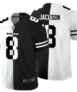 Men's Baltimore Ravens #8 Lamar Jackson Black White Split 2020 Stitched Jersey