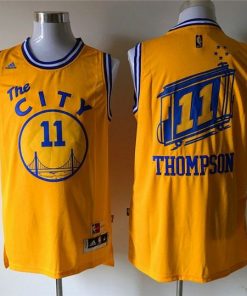 Warriors #11 Klay Thompson Gold Throwback The City Stitched NBA Jersey