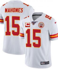 Men's Chiefs 100th #15 Patrick Mahomes White With C Patch Limited Stitched NFL Jersey