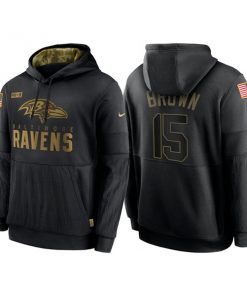 Men's Baltimore Ravens #15 Marquise Brown 2020 Black Salute to Service Sideline Performance Pullover Hoodie