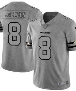 Men's Baltimore Ravens #8 Lamar Jackson 2019 Gray Gridiron Team Logo Limited Stitched NFL Jersey