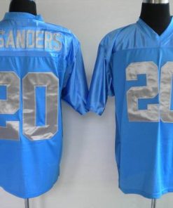 Mitchell & Ness Lions #20 Barry Sanders Blue With 75 Anniversary Patch Stitched Throwback NFL Jersey