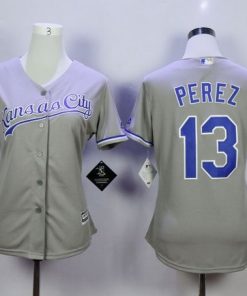 Royals #13 Salvador Perez Grey Road Women's Stitched MLB Jersey