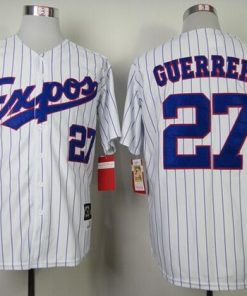 Mitchell and Ness 2000 Expos #27 Vladimir Guerrero White Blue Strip Stitched Throwback MLB Jersey