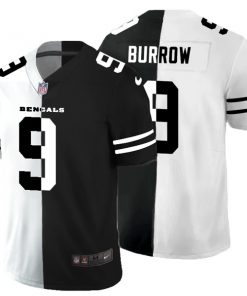 Men's Cincinnati Bengals #9 Joe Burrow Black White Split 2020 Stitched Jersey