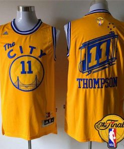 Warriors #11 Klay Thompson Gold Throwback The City The Finals Patch Stitched NBA Jersey