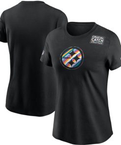 Women's Pittsburgh Steelers 2020 Black Sideline Crucial Catch Performance NFL T-Shirt(Run Small)