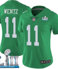 Women's Philadelphia Eagles #11 Carson Wentz Green Super Bowl LII Bound Patch Game Event Stitched NFL Jersey
