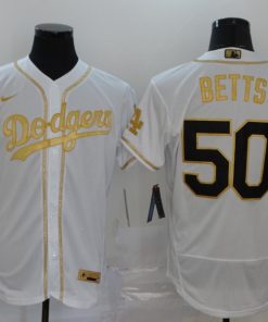 Men's Los Angeles Dodgers #50 Mookie Betts White Golden Flex Base Stitched MLB Jersey