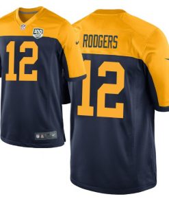 Men's Green Bay Packers #12 Aaron Rodgers Navy 2019 100th Season NFL Game Jersey