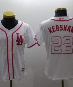 Women's Los Angeles Dodgers #22 Clayton Kershaw White Pink Cool Base Stitched MLB Jersey