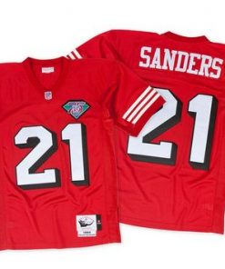 Mitchell And Ness 75TH 49ers #21 Deion Sanders Red Stitched Throwback NFL Jersey