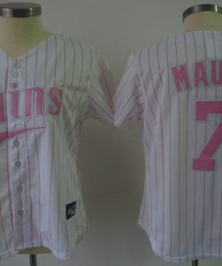 Twins #7 Joe Mauer White Pink Strip Women's Fashion Stitched MLB Jersey