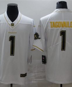 Men's Miami Dolphins #1 Tua Tagovailoa White Golden Stitched NFL Jersey
