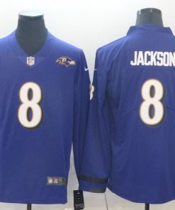 Men's Baltimore Ravens #8 Lamar Jackson Purple Therma Long Sleeve Stitched NFL Jersey