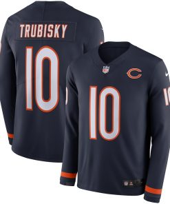 Men's Bears #10 Mitchell Trubisky Navy Therma Long Sleeve Stitched NFL Jersey