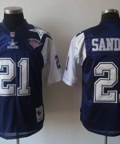 Mitchell & Ness Cowboys #21 Deion Sanders Blue/White With 75TH Stitched Throwback NFL Jersey