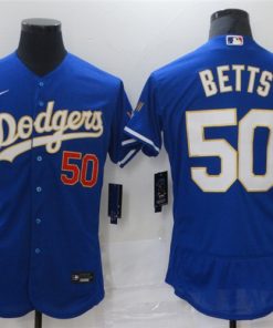 Dodgers 50 Mookie Betts Blue Nike 2021 Gold Program Flexbase Jersey