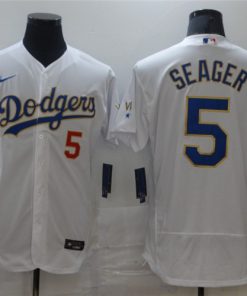 Men's Los Angeles Dodgers #5 Corey Seager White Gold Championship Flex Base Sttiched MLB Jersey