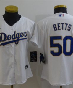 Women Dodgers 50 Mookie Betts White Nike 2021 Gold Program Cool Base Jersey