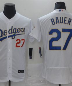 Men's Los Angeles Dodgers #27 Trevor Bauer White Gold Championship Flex Base Sttiched MLB Jersey