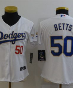 Women Dodgers 50 Mookie Betts White Women Nike 2021 Gold Program Cool Base Jerseys