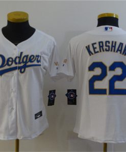 Women's Los Angeles Dodgers #22 Clayton Kershaw White Gold Championship Cool Base Stitched MLB Jersey