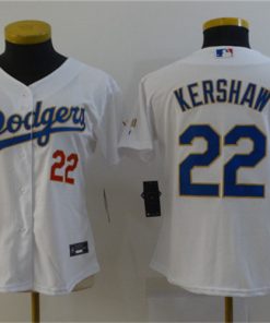 Women's Los Angeles Dodgers #22 Clayton Kershaw White Gold Championship Cool Base Stitched MLB Jerseys
