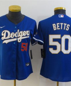 Women's Los Angeles Dodgers #50 Mookie Betts Blue Gold Championship Cool Base Stitched Jersey(Run Small)