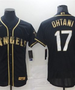 Men's Los Angeles Angels #17 Shohei Ohtani 2021 Black Golden Edition Flex Base Stitched Baseball Jersey