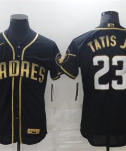 Men's San Diego Padres #23 Fernando Tatis Jr. 2021 Black Golden Edition Flex Base Stitched Baseball Jersey