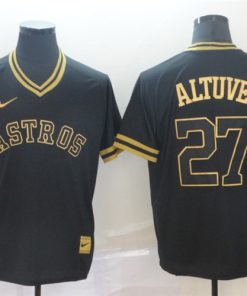 Astros 27 Jose Altuve Black Gold Nike Cooperstown Collection Legend V Neck Jersey