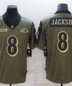 Men's Baltimore Ravens #8 Lamar Jackson 2021 Olive Salute To Service Limited Stitched Jersey