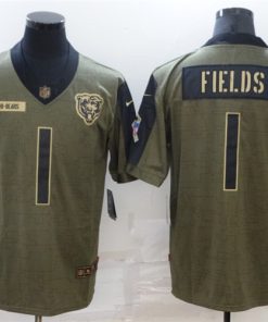 Men's Chicago Bears #1 Justin Fields 2021 Olive Salute To Service Limited Stitched Jersey