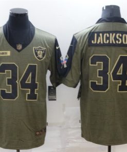 Men's Las Vegas Raiders #34 Bo Jackson 2021 Olive Salute To Service Limited Stitched Jersey