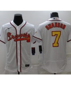 MLB Braves 7 Dansby Swanson White Gold Champion Flexbase Men Jersey