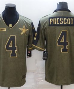 Men's Dallas Cowboys #4 Dak Prescott 2021 Olive Salute To Service Golden Limited Stitched Jersey