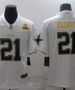Men's Dallas Cowboys #21 Ezekiel Elliott White Golden Edition With 1960 Patch Limited Stitched Jersey