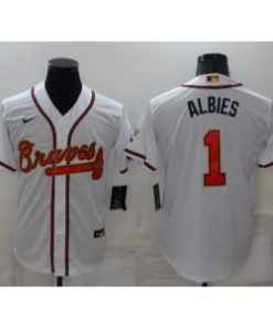 MLB Braves 1 ALBIES 2022 White Gold Nike Cool Base Men Jersey