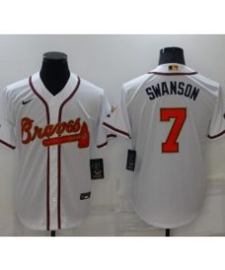 MLB Braves 7 Dansby Swanson 2022 White Gold Nike Cool Base Men Jersey