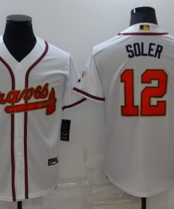 Men's Atlanta Braves #12 Jorge Soler 2022 White Gold World Series Champions Program Cool Base Stitched Baseball Jersey