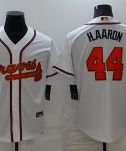 Men's Atlanta Braves #44 Hank Aaron 2022 White Gold World Series Champions Program Cool Base Stitched Baseball Jersey