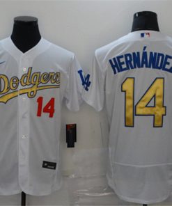 Men's Los Angeles Dodgers #14 Kiké Hernández 2021 White Gold Sttiched Jersey